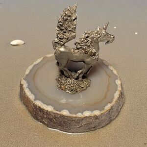 Vintage Pewter Unicorn Figurine On An Agate Geode Base
